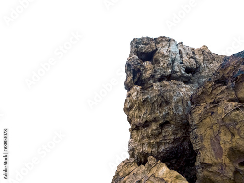 Gray textured high rocky cliff isolated on white background
