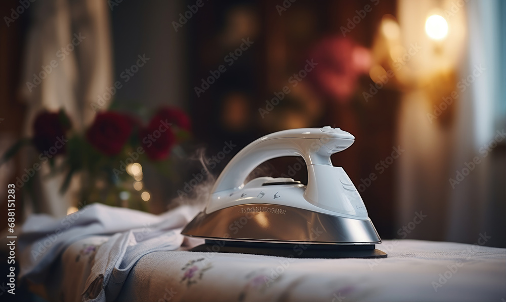 an iron with a pile of ironed laundry.