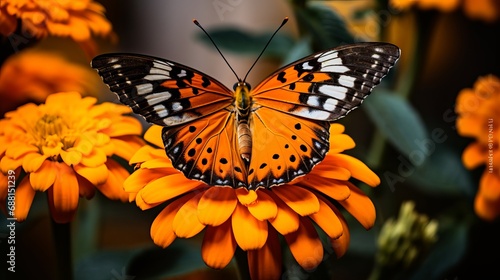 A close-up shot of a butterfly that is beautiful and has interesting textures on an orange-petalled flower. © Shabnam