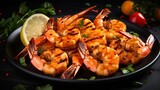 A black stone board is used to grill shrimp with a fresh herbs salad.