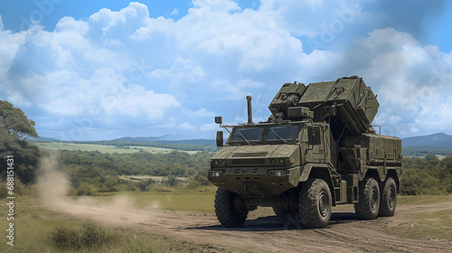 Artillery in hyper realistic style. Armored fighting vehicle. Special military transport.