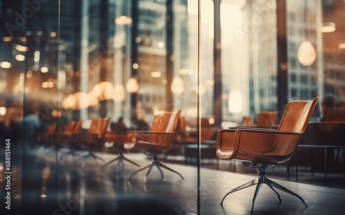 blurred offices with glass windows and chairs,