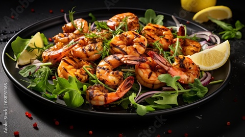 A black stone board is used to grill shrimp with a fresh herbs salad.