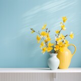 Bright yellow flowers in a vase on a white shelf