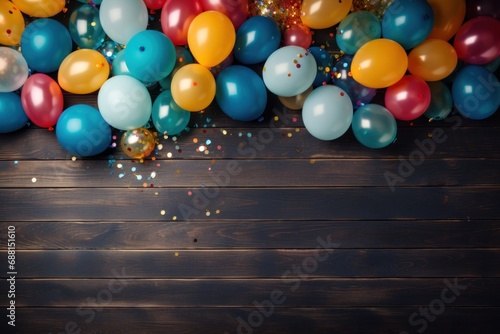 bright streamers and balloons line wooden wooden frame,