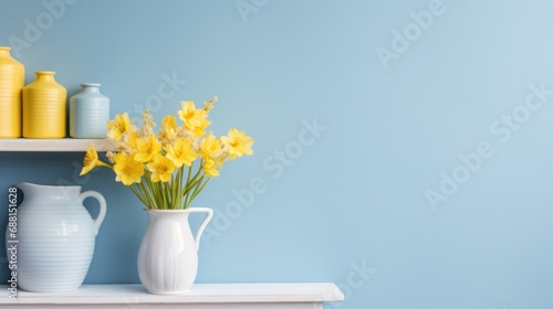 Bright yellow flowers in a vase on a white shelf