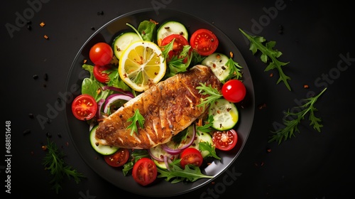 Grilled fish, tomatoes, onions, calamari, and green salad can be seen from the top.