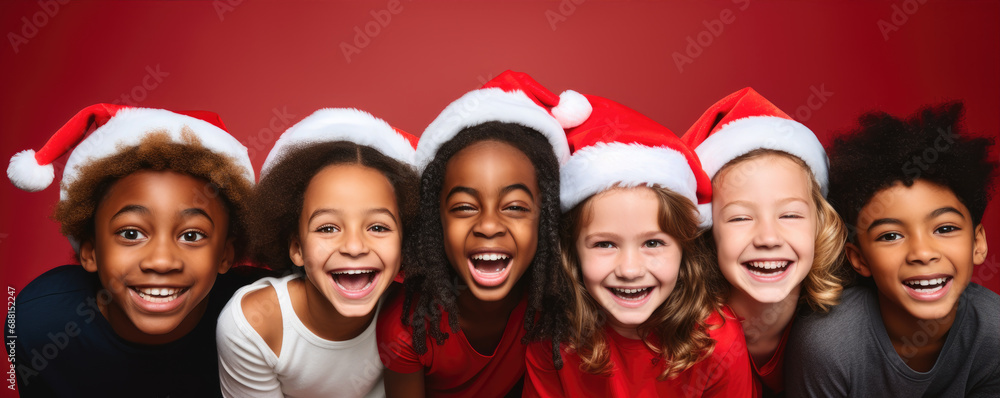 Multicultural group of happy kids on New Year or Christmas party, wearing red santa hats, smiling on red studio backgrounds Multicultural group of happy kids on New Year or Christmas party, wearing red santa hats, smiling on red studio backgrounds