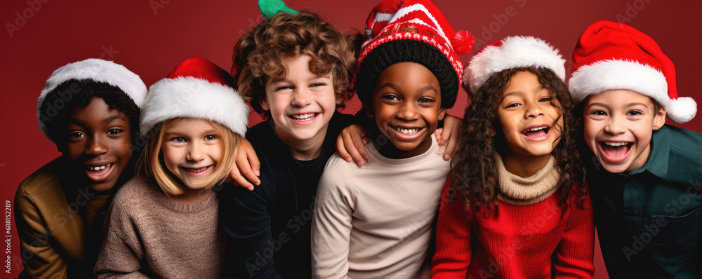 Multicultural group of happy kids on New Year or Christmas party, wearing red santa hats, smiling on red studio backgrounds Multicultural group of happy kids on New Year or Christmas party, wearing red santa hats, smiling on red studio backgrounds