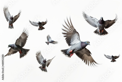 pigeons flying isolated on white background