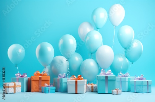 colorful balloons and decorations on a blue background celebration © olegganko