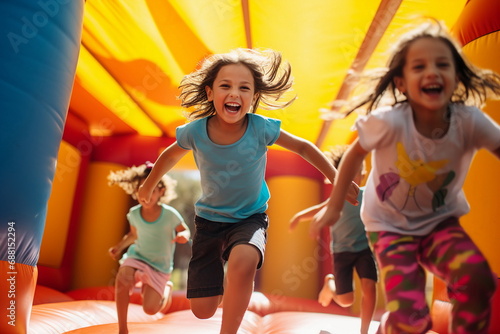 children jumping in bounce house photo