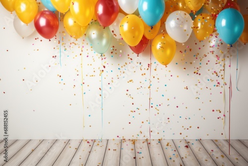 colorful confetti and balloon are arranged over white wooden background,