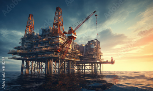 Oil and gas rig platform in the middle of the ocean is producing raw gas and oil. photo