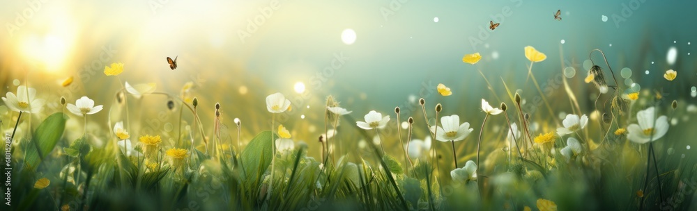 colorful spring background with leaves and flowers