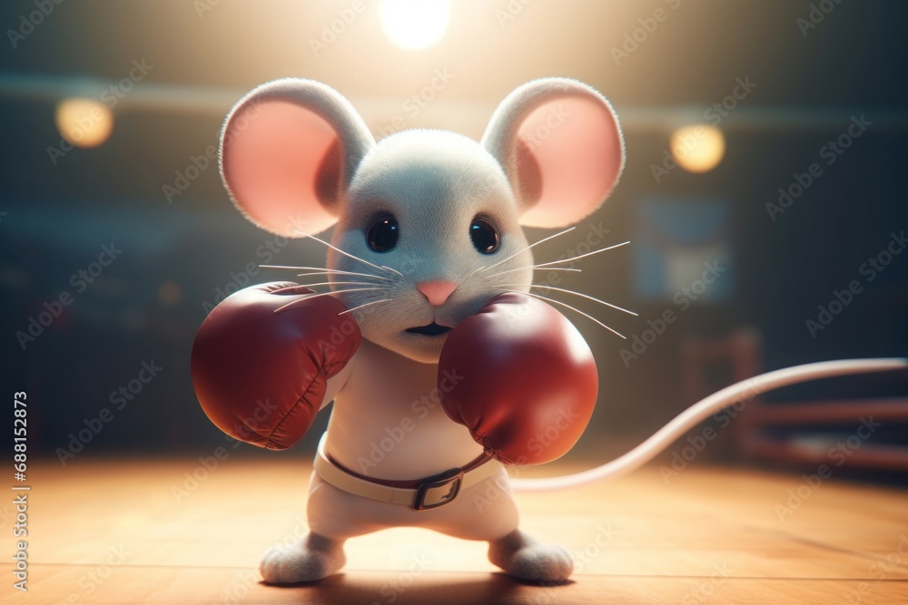 Cute mouse boxing. White and stark little rodent with red big gloves. Generate AI