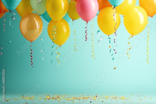 colorful party balloons, gifts, and confetti set among various colorful decorations,