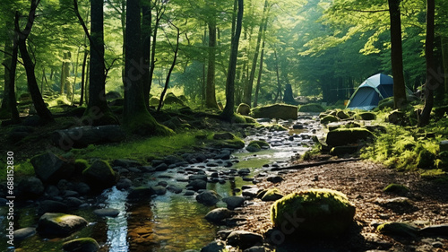 tourist tent camping in nature the forest on the banks of the river