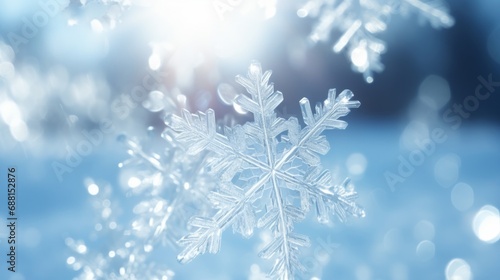Winter weather snowy, christmas background banner greeting card - Closeup of frozen snowflake ice crystal in snow with blue sky and sunshine