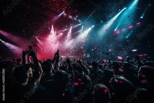 confetti falls over an audience at a nightclub,