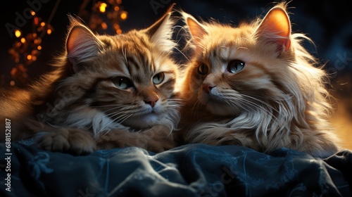 A couple of cats sit together in a romantic setting against a blurred background of bokeh lights and express their love. Holiday calendar, pets card, Valentine's Day banner