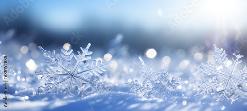 Winter weather snowy, christmas background banner greeting card - Closeup of frozen snowflake ice crystal in snow with blue sky and sunshine © Corri Seizinger