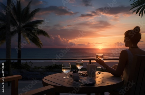 couple and woman enjoying sunset from the pool and overlooking the ocean,