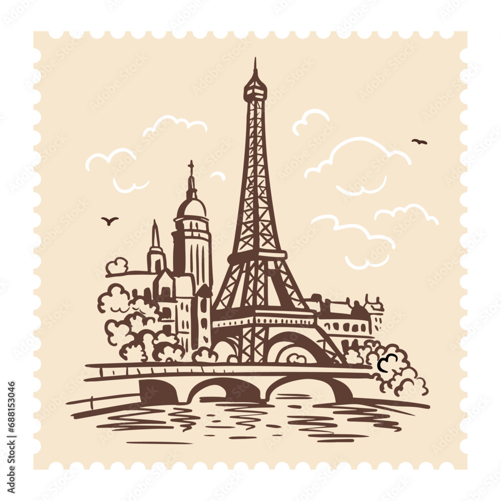 Eiffel Tower in Paris on a postage stamp. Landmark of Paris. Doodle style illustration