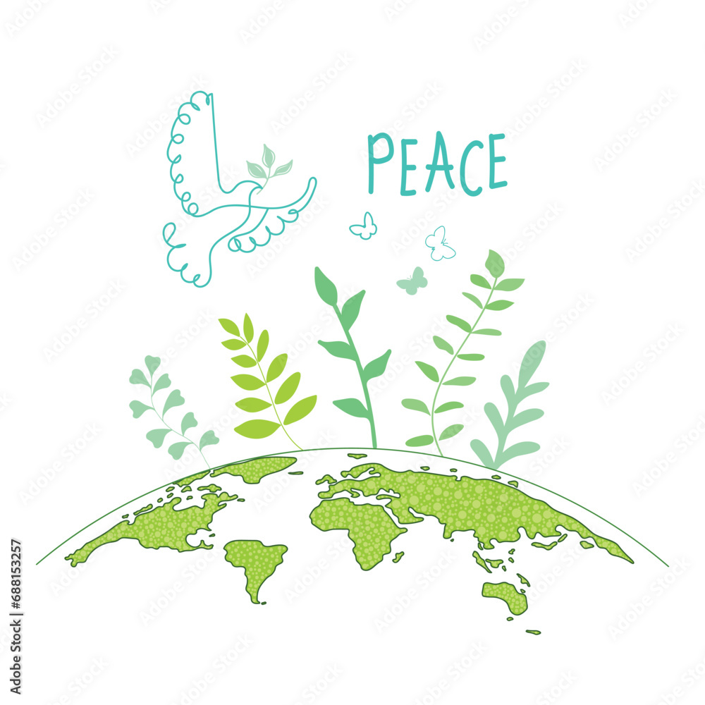 Obraz premium International Day of Peace. Bird, globe, flowers, heart continuous drawing. Concept of love, peace and kindness. Text. Vector