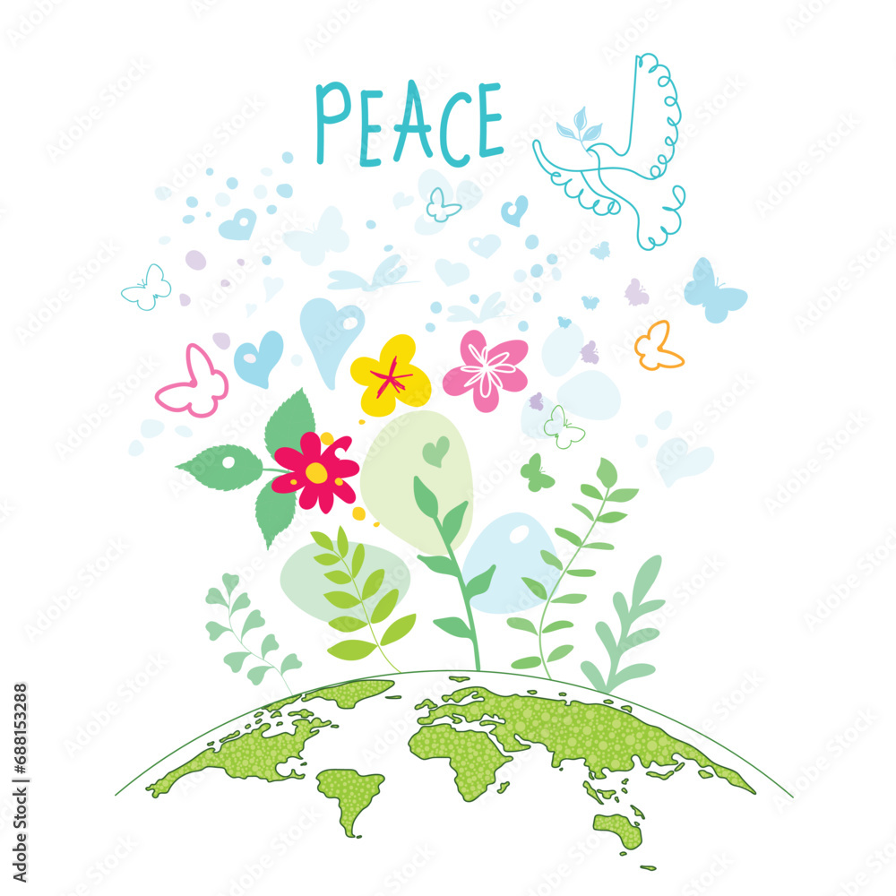 International Day of Peace. Bird, globe, flowers, heart continuous drawing. Concept of love, peace and kindness. Text. Vector