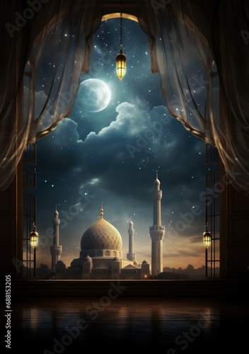 dreamy night of ramadan with the moon and the mosque through the window