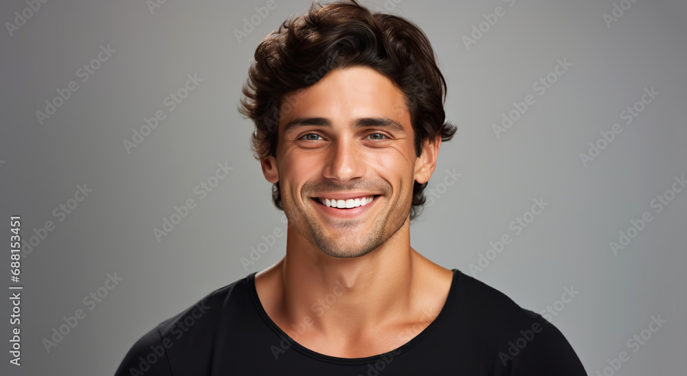 Portrait of a young smiling man with black shirt. Skin care beauty, skincare cosmetics, dental concept. Isolated over white background. Portrait of a young smiling man with black shirt. Skin care beauty, skincare cosmetics, dental concept. Isolated over white background.