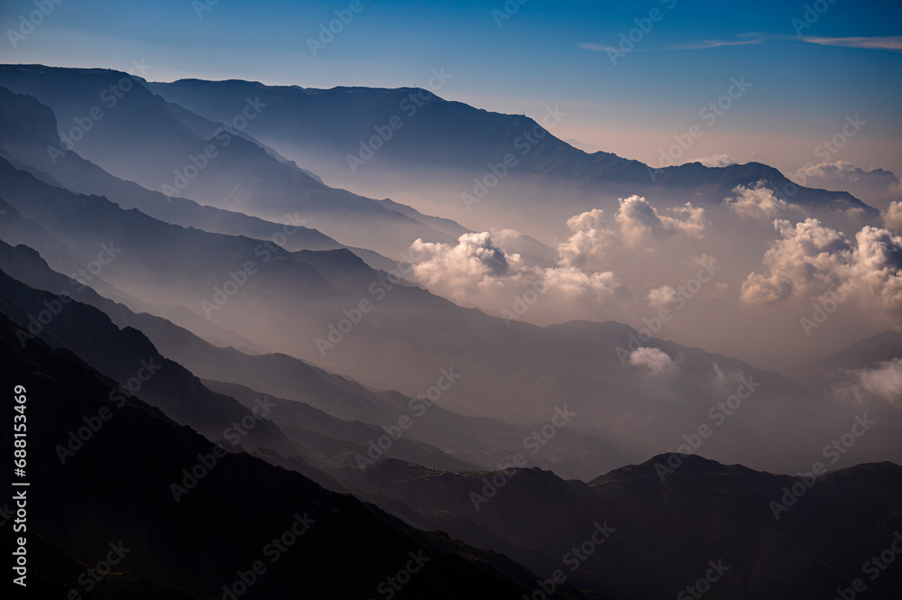 Dramatic and picturesque mountain landscape. Early morning in the Sarawat Mountains, Saudi Arabia.