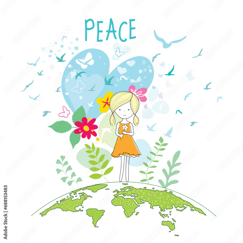 International Day of Peace. Bird, globe, flowers, heart continuous drawing. Concept of love, peace and kindness. Text. Vector International Day of Peace. Bird, globe, flowers, heart continuous drawing. Concept of love, peace and kindness. Text. Vector