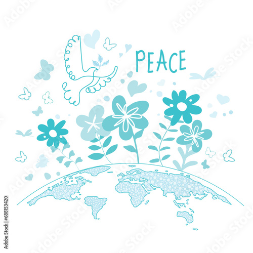 International Day of Peace. Bird, globe, flowers, heart continuous drawing. Concept of love, peace and kindness. Text. Vector
