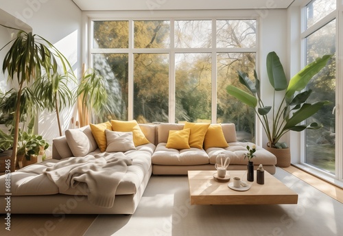 Loft home interior design of living room with Yellow sofa and terra cotta pillows. Round coffee table and plants in big pots. Lofty living room interior design.