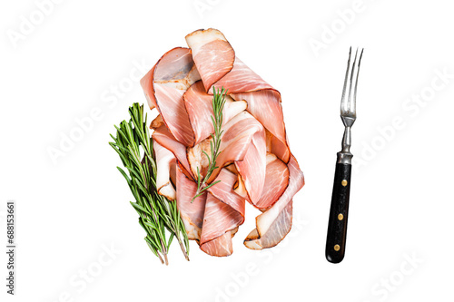 Pork Black Forest Ham Slices on marble board.  Transparent background. Isolated. photo