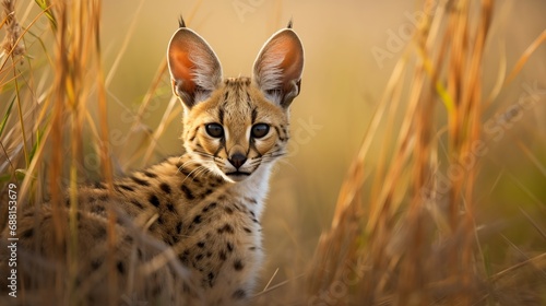 In Zambia's Kafue National Park, on the Busanga Plains, a young serval cat hunts in the tall grass. photo