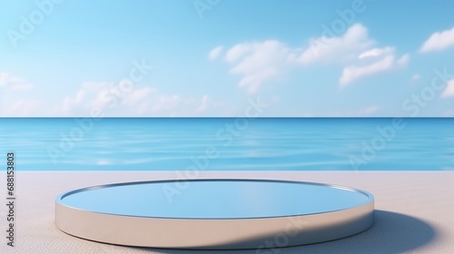Round platform in 3D rendered on sand and water with glass wall panels. Simple landscape mockup for blue product showcase banner. © Suleyman