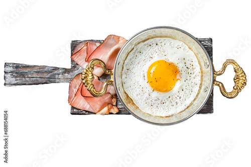 Breakfast with fried egg in a skilet with tomatoes and bacon Transparent background. Isolated. photo