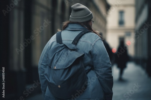 Fat woman back outdoor. Plump girl with backpack and jacket walks city. Generate AI