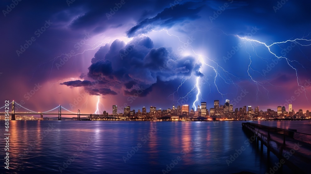 From Treasure Island, a striking lightning storm was visible over San Francisco, California. - obrazy, fototapety, plakaty 