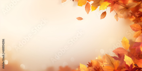 Autumnal Equinox holiday background  bright yellow colors. place for text.autumn background with leaves Tree maple leaves like a frame for copy space on a blurred orange and yellow  generative ai