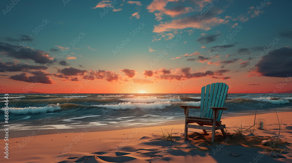 Serene Beach Setting with Vacant Chair Overlooking the Ocean, Symbolizing Quietude and Calm Serene Beach Setting with Vacant Chair Overlooking the Ocean, Symbolizing Quietude and Calm