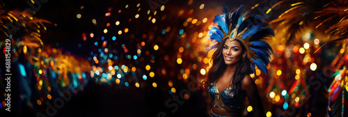 beautiful young Brazilian girl at a carnival in Brazil, fancy dress, outfit, masquerade, feathers, rhinestones, woman, makeup, portrait, smiling face, joy, happiness, dancing, sparkles, sequins photo