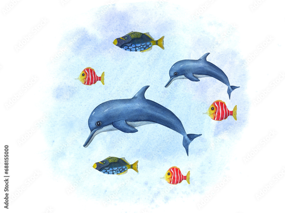 Fototapeta premium Cartoon swimming dolphins among small multicolor fishes. Porpoise, triggerfish. Sea composition on watercolor background. Hand drawn illustration for wallpaper, print, baby textile, postcard