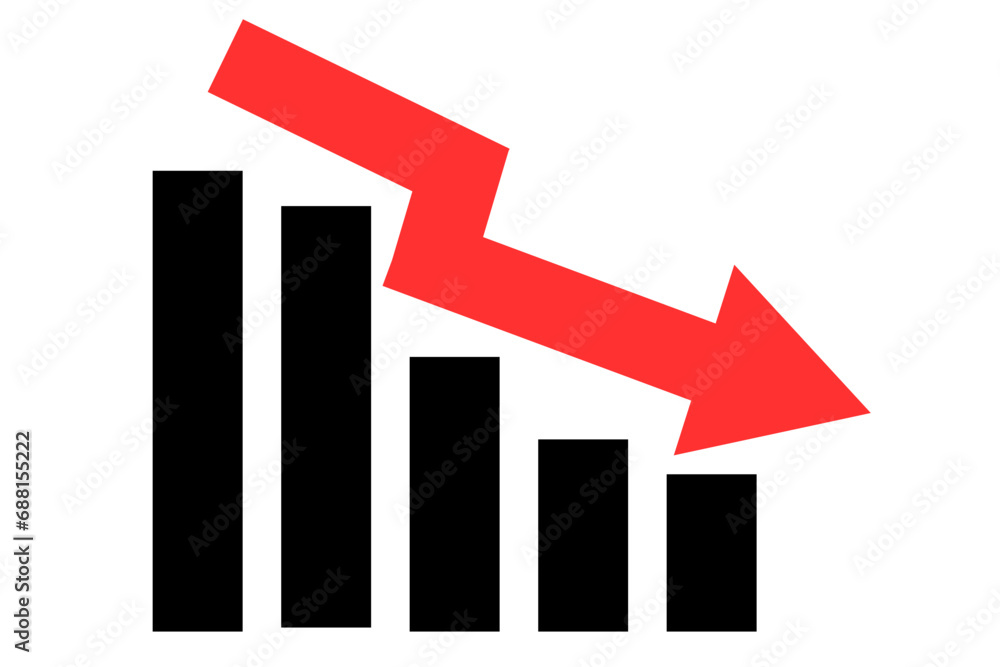 Financial business graph with arrow. financial red graph trending downwards. Red arrow pointing down on graph bars trending downwards Financial business graph with arrow. financial red graph trending downwards. Red arrow pointing down on graph bars trending downwards