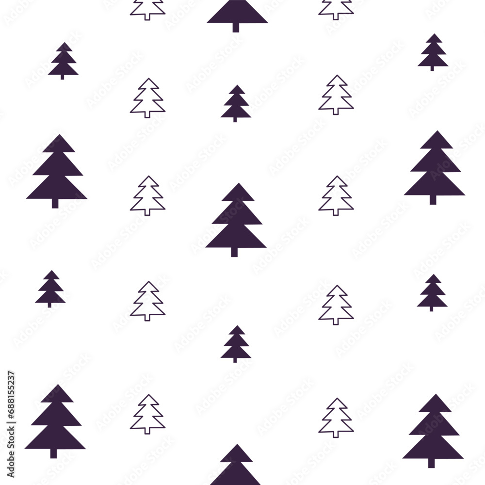 Obraz premium Geometric seamless winter pattern with silhouettes of pine and fir trees. Isolated on white background