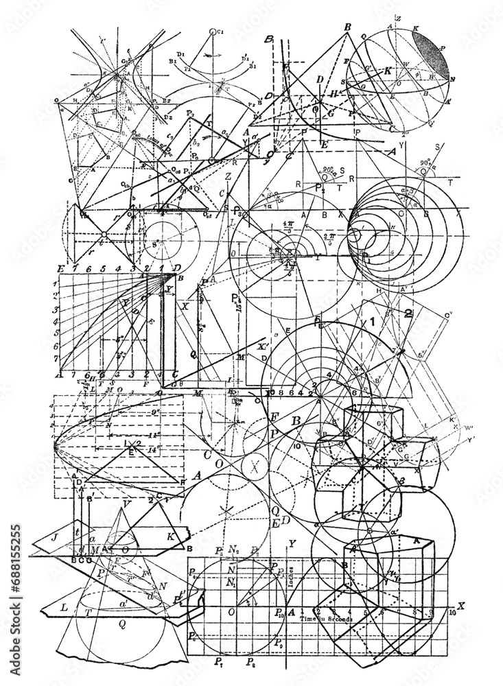 Naklejka premium Superimposed complex geometry diagrams and formulas on transparent background