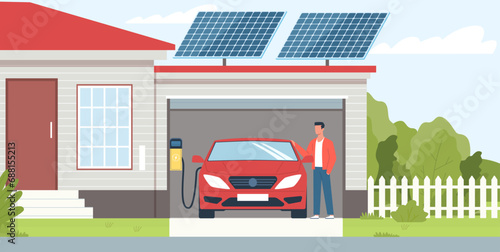 Charging an electric car in home garage. Contemporary house with solar panels on roof. Ecological technology. Environment care. Solar energy. Green transport, cartoon flat vector concept
